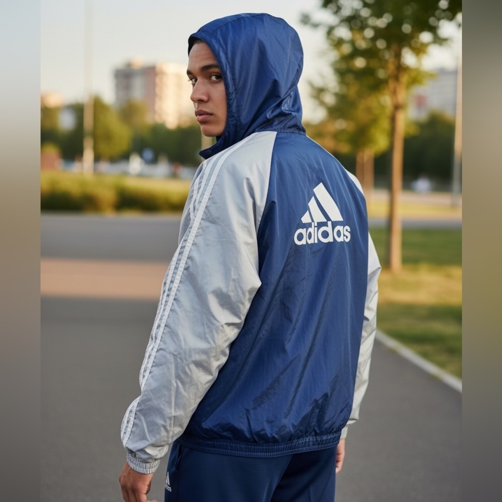 Adidas Men's Vintage Navy and Light Gray Windbreaker